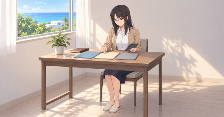 窓ぎわの机で、色違いの紙ばさみ 3 冊と電卓を見比べるシズ。足元は無地のスリッパ