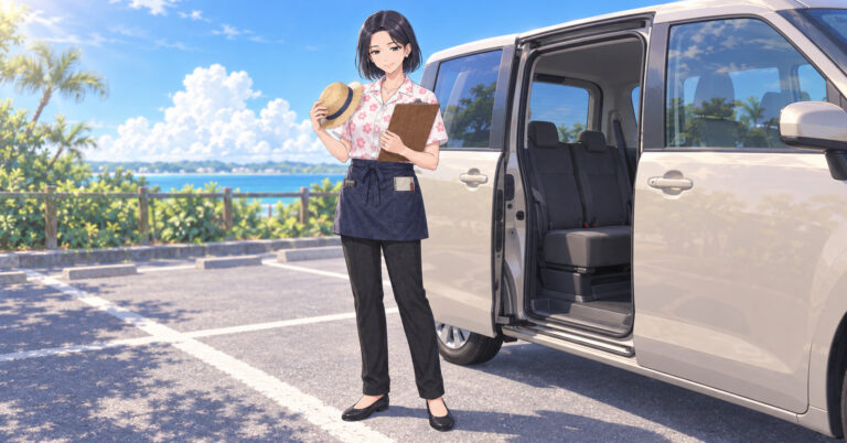 空の後席を開けた車の横で、小さな子ども用の帽子とクリップボードを手にするツキ