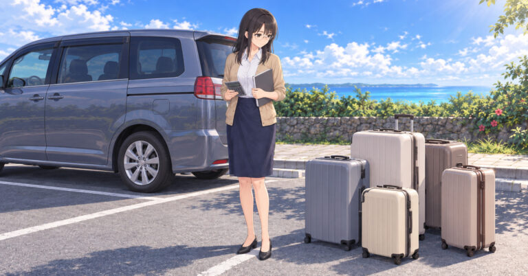 大型ミニバンの後ろに並べたスーツケースを見比べるシズ