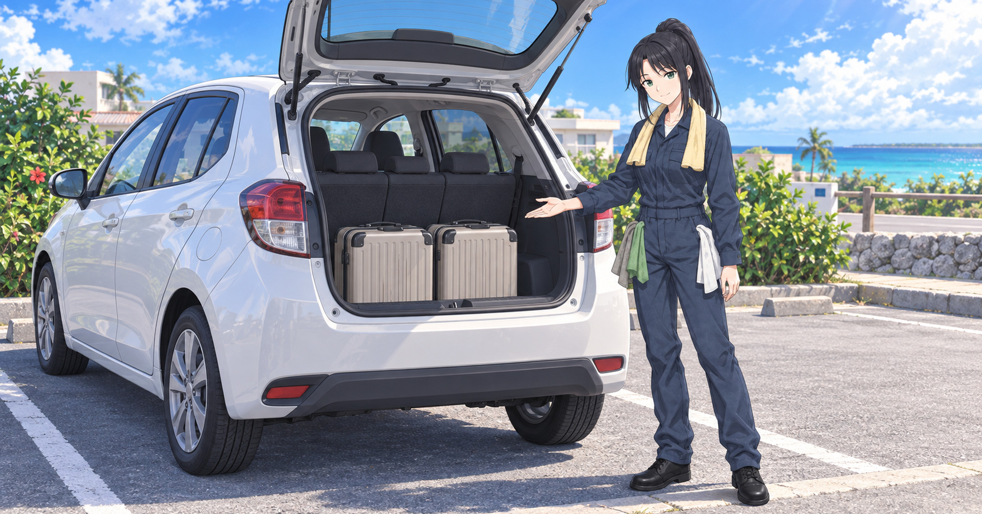 荷室を開けた車の後ろで、並んだ旅行かばん 2 つを手のひらで示すハナ