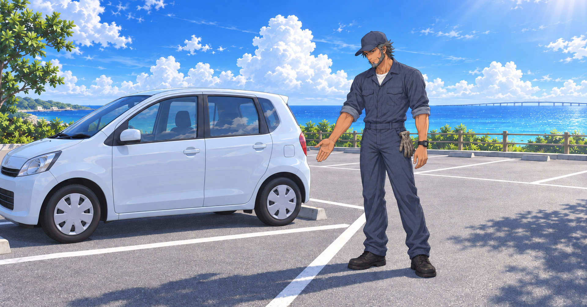 海沿いの駐車場で、枠に収まった軽を手のひらで示すウミ