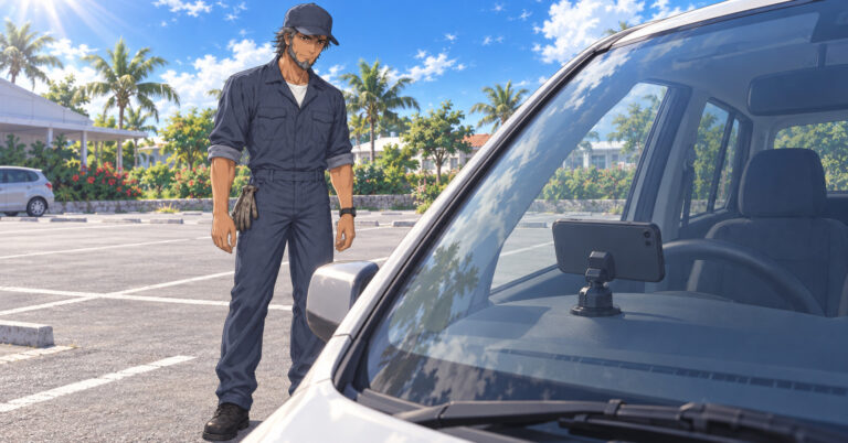 フロントガラス越しに、ダッシュボードの上の固定具に収まった端末が見え、車の外でウミがそれを見ている
