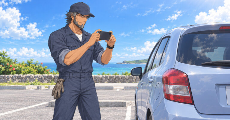 駐車場の歩行帯に立ち止まり、スマホを横に構えて車を記録するウミ