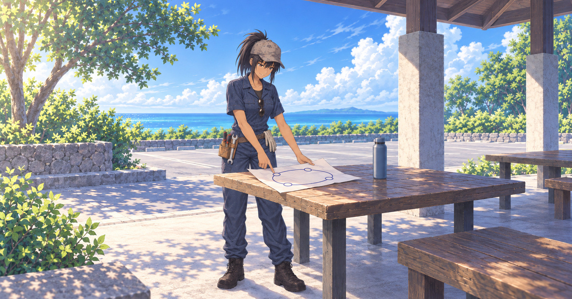 出発前、屋根のある休憩所の机で一周の輪を描いた紙を確かめるソラ