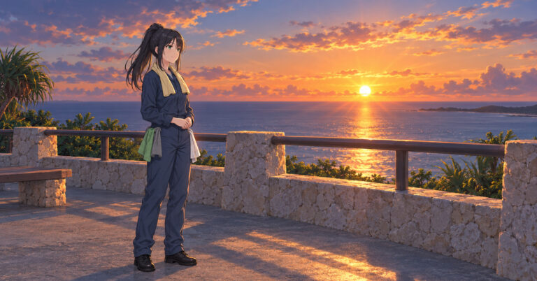 高台の展望台で、水平線に沈む夕日を静かに見つめるハナ