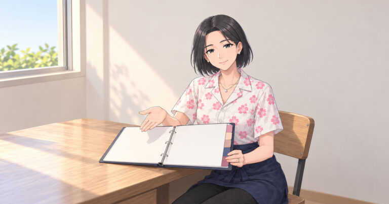 色見出しの並ぶバインダーを開き、手のひらで案内するツキ