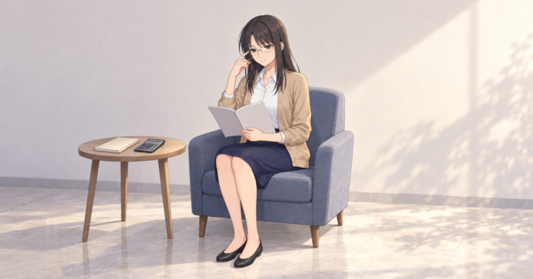 宿の椅子に腰掛け、とじた冊子を眼鏡を押し上げながら読み込むシズ
