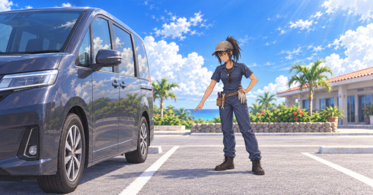 駐車枠いっぱいに収まった大きなミニバンの前で、白線との余白を見るソラ