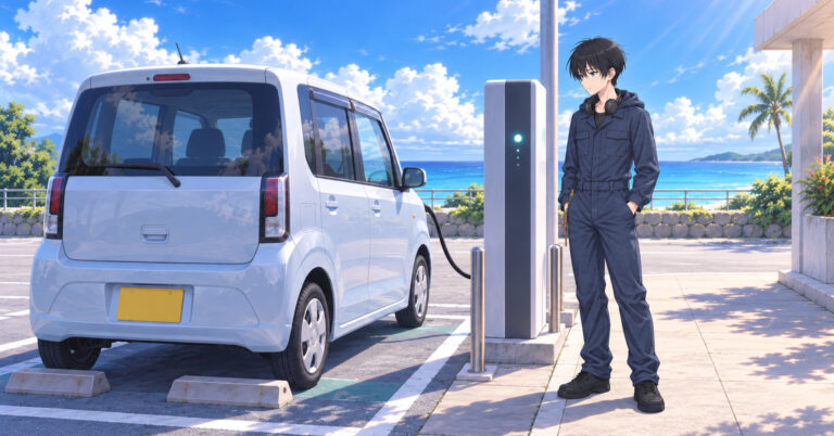 充電スポットに止めた小さな EV の横で、充電器の表示灯を見るホシ