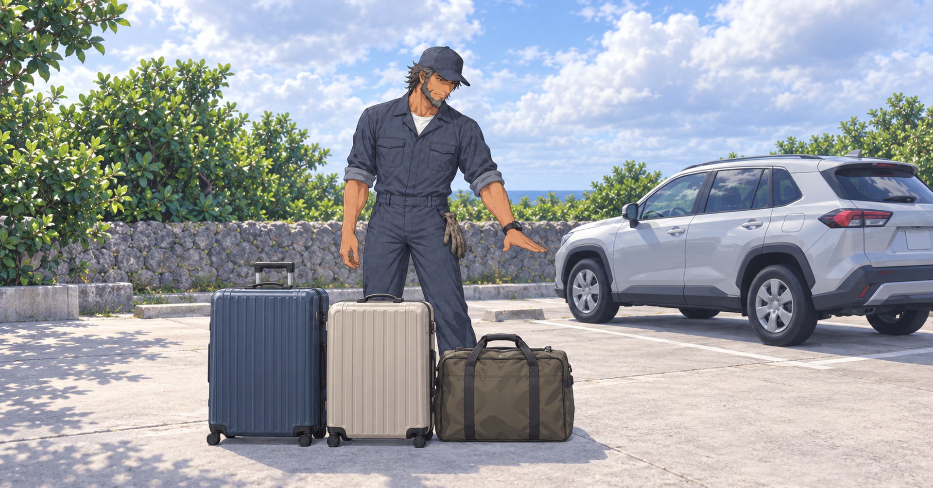 並べた旅行かばん 3 つの向こうで、離れて止めた SUV の荷室へ手を向けるウミ