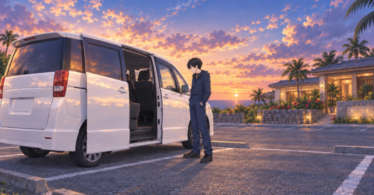 夕方の駐車場で、スライドドアを開けた箱形のミニバンを眺めるホシ