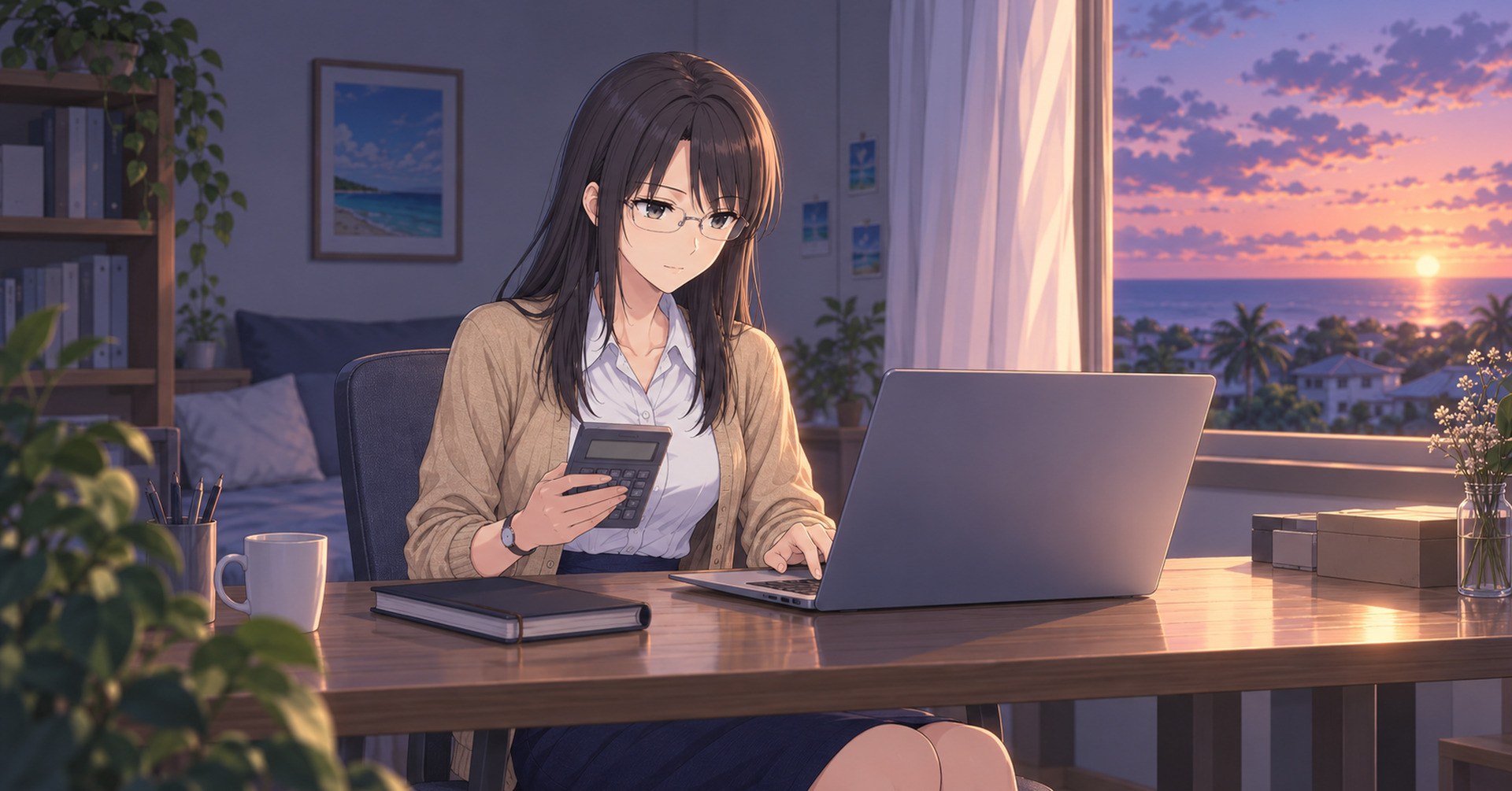 ノート PC の画面と電卓を見比べるシズ