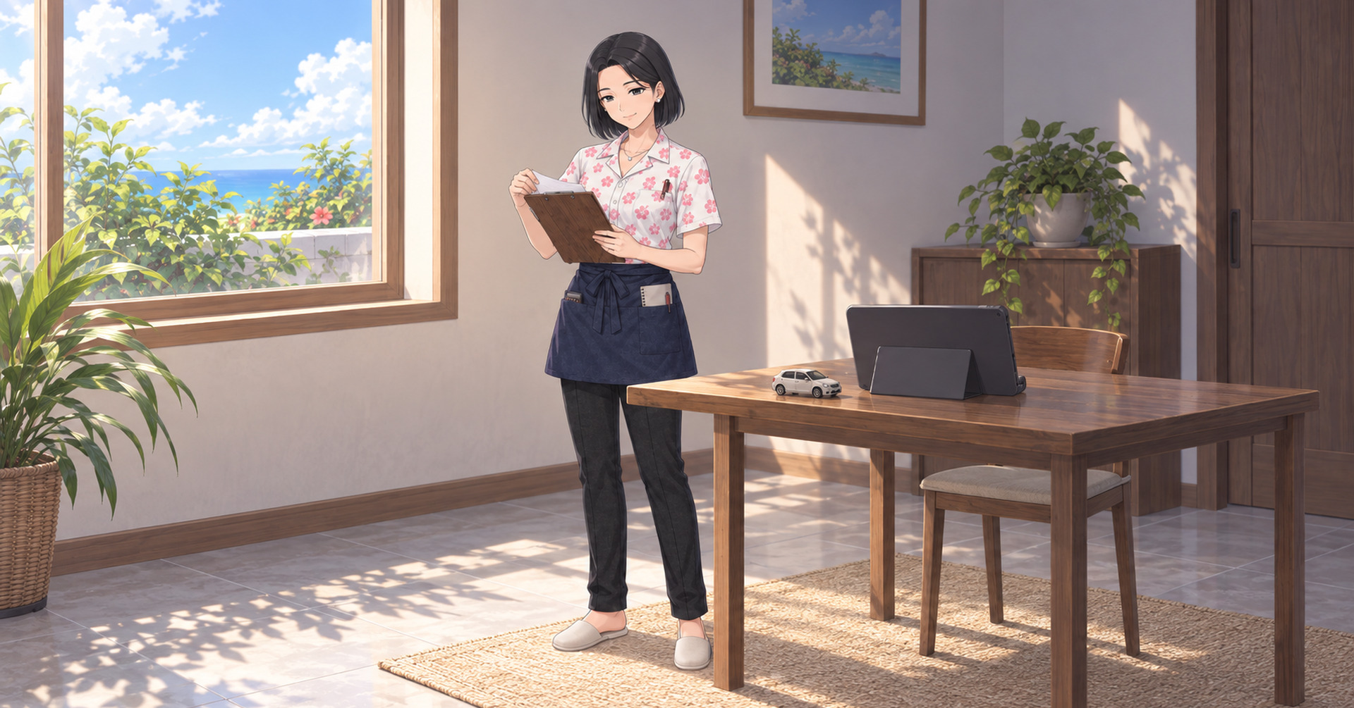 宿の部屋で、クリップボードの紙をめくって旅の段取りを確かめるツキ。足元は無地のスリッパ