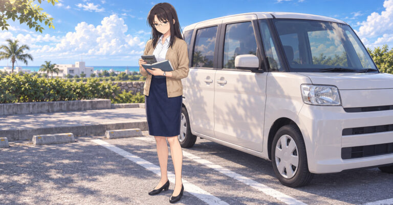 駐車場で背の高い軽の横に立ち、手帳と電卓で旅費を見積もるシズ